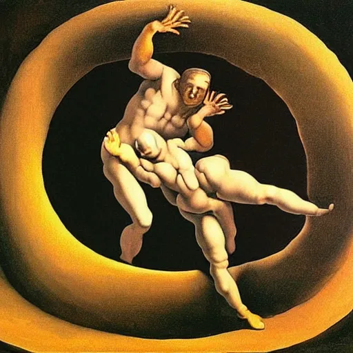 Image similar to optical illusion painting of a couple dancing in a worm hole, illusionism, mind blow, by michelangelo and salvador dali, detailed