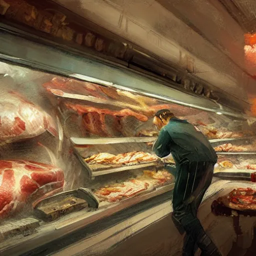 Image similar to low angle view of a butcher working, artwork by craig mullins, high details, octane, unreal engine, from below, worms - eye - view