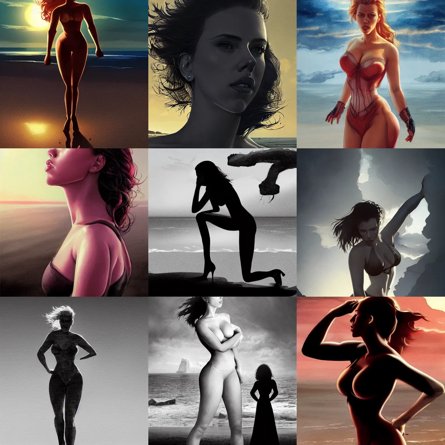 Prompt: silhouette challenge, fully clothed sexy scarlett johansson with perfect symmetrical anatomical proportions, by greg rutkowski, pencil and ink, full dynamic colour, dramatic lighting, wide angle lens, full body within frame, beautiful beach in the background sharp, smooth, intricate detail, hyper detail,