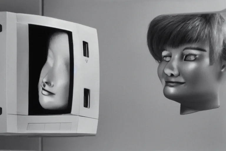 Image similar to humanoid robot sticking her head inside of a microwave, from 1985, bathed in the glow of a crt television, low-light photograph, in the style of jack bridgeland