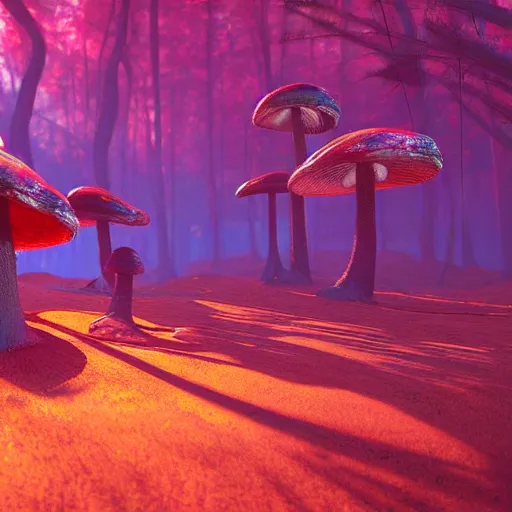 Image similar to A realistic strange neon lanscape, realistic, 4k resolution, detailled, realistic shaders, neon mushrooms, mushrooms particles, painting, forests, strange neon plants, realistic, detailled.