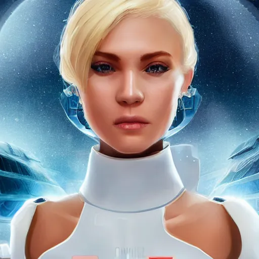 Prompt: bright white sci-fi utopia, close-up portrait of beautiful blonde military woman smiling, award-winning digital art, unreal engine, illustration