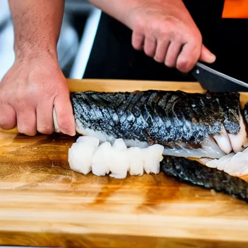 Prompt: chef butchering fish for sushi, realistic