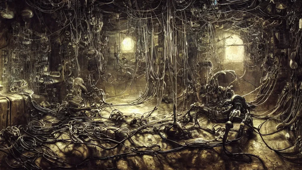 Image similar to a surreal dreamlike scene of a cybernetically augmented skeleton covered in wires in a dimly lit basement, somber melancholic matte painting, highly detailed oil painting, liminal space, 8k, stillness, solitude, dark cold pale silent atmosphere, masterpiece