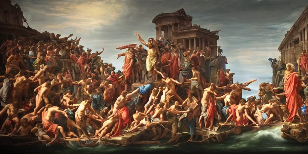 Image similar to a mix between the raft of the medusa and the school of athens, matte painting, oil canvas, photorealistic illustration, extreme detail, hyper realistic, highly detailed