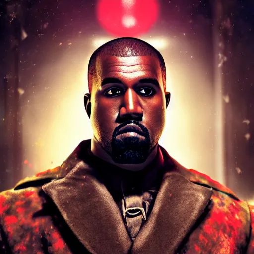 Image similar to Portrait of Kanye West as willy wonka in gears of war, splash art, movie still, cinematic lighting, dramatic, octane render, long lens, shallow depth of field, bokeh, anamorphic lens flare, 8k, hyper detailed, 35mm film grain