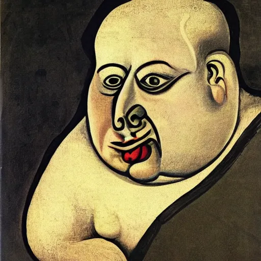 Prompt: a portrait of a morbidly obese man on the brink of death in grotesque detail in picasso's art style