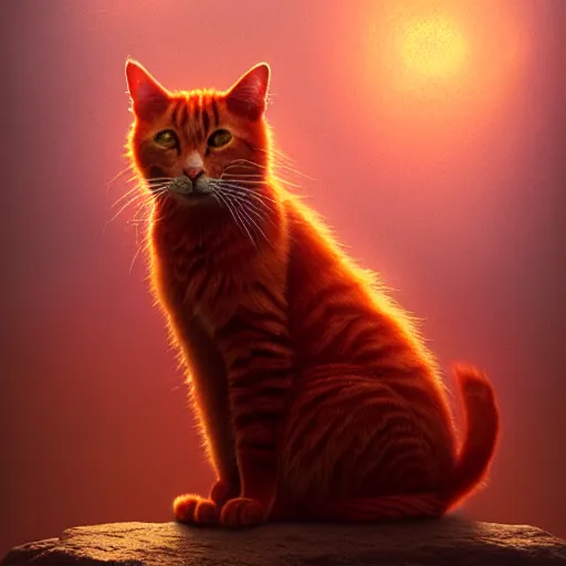 Image similar to A fuzzy orange cat sitting on planet earth, atmospheric lighting, painted, intricate, volumetric lighting, beautiful, rich deep colours masterpiece, golden hour, sharp focus, ultra detailed, by Leesha Hannigan, Ross Tran, Thierry Doizon, Kai Carpenter, Ignacio Fernández Ríos