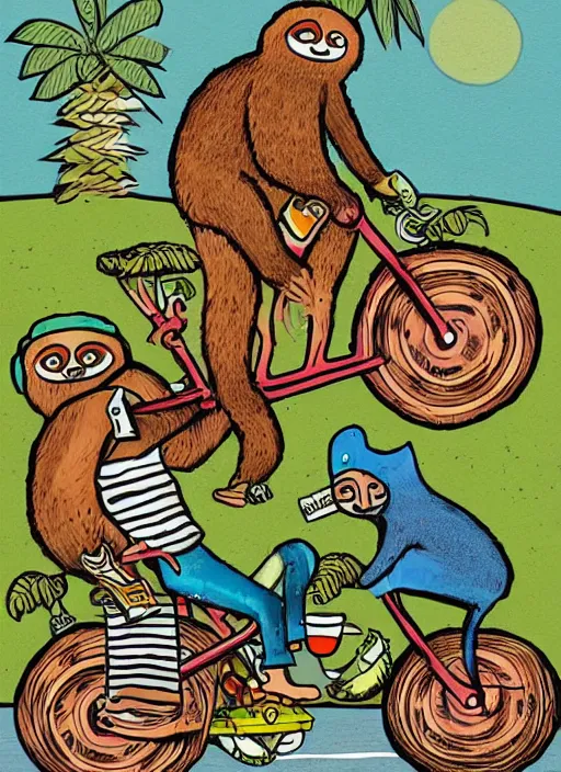 Image similar to a couple of sloths riding a bike with a surfboard, by tim biskup, tom bonson folk art, whimsical, storybook illustration