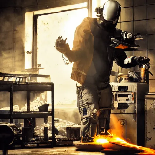 Image similar to cyborg with toaster oven chest, dark messy smoke - filled cluttered workshop, dark, dramatic lighting, orange tint, sparks, cinematic, highly detailed, sci - fi, futuristic, movie still