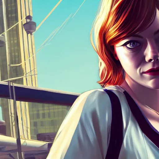 Image similar to emma stone in gta v, cover art by stephen bliss, artstation, no text