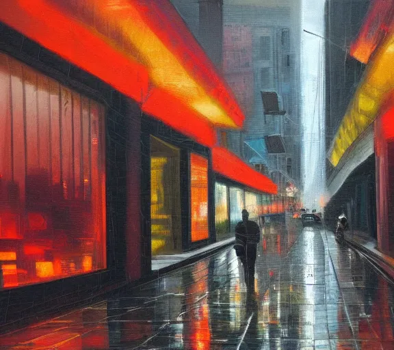 Prompt: melancholy on an empty street in a cyberpunk city during a rainy night, oil on canvas