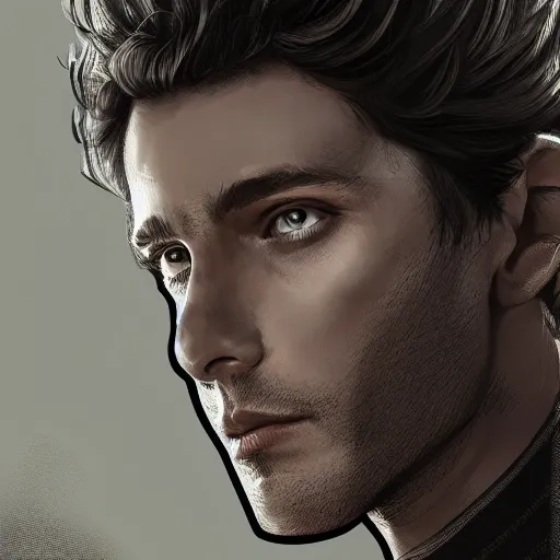 Prompt: a man who looks like a mixture between Adam Brody, Harris Dickinson and Shane Harper, wearing futuristic beige and black jumpsuit, scifi, highly detailed portrait, digital painting, artstation, concept art, smooth, sharp focus, illustration, ArtStation HQ