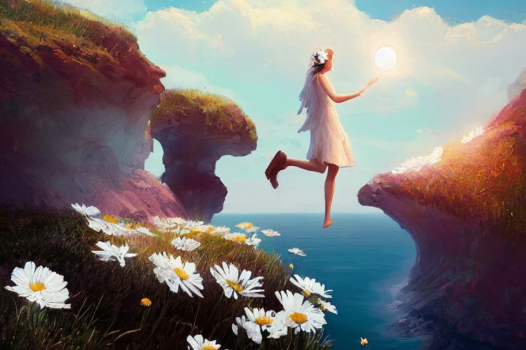 Image similar to giant white daisy flower on head, girl walking on cliff, surreal photography, solar eclipse, milky way, dramatic light, impressionist painting, clouds, digital painting, artstation, james gilleard, liam wong, jeremy mann, simon stalenhag