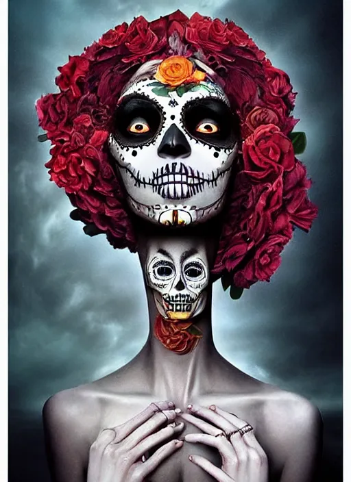 Image similar to dia de los muertos theme surrealist art in the styles of igor morski, jim warren, and aida muluneh, intricate, hyperrealistic, accurate facial details, profile picture with chromakey!!!!! background, volumetric lighting