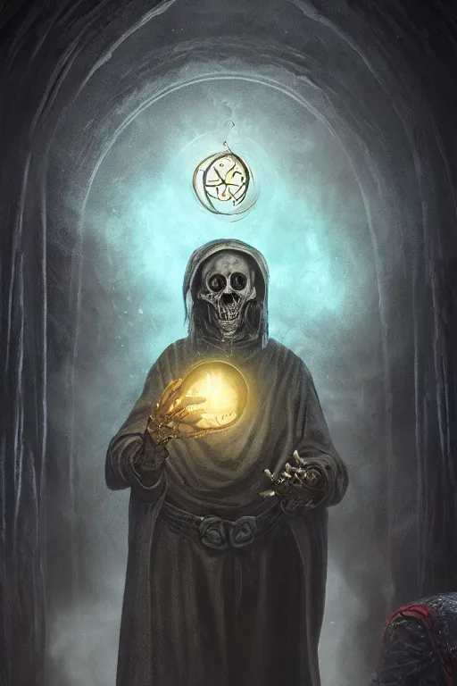 Prompt: a lich holding a magical orb, surrounded by an aura of darkness, human skull, in a medieval crypt, fantasy horror art, digital painting, HDR, 8k, cgsociety, octane engine