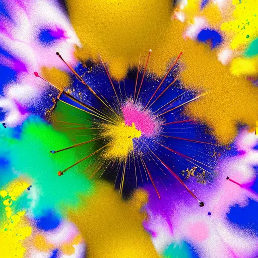 Image similar to color powder explosion on top of baroque renaissance painting, particles, fine detail, damien hirst and jackson pollock and james jean, golden ratio, fractal, sharp focus, artstation