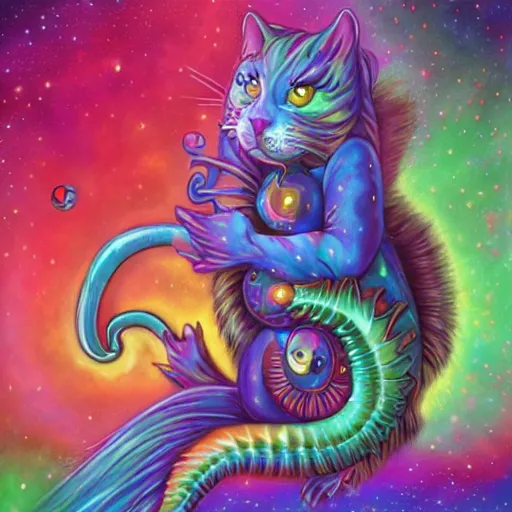 Prompt: autistic bisexual cat seahorse shapeshifter, long haired humanoid weirdcore voidpunk fursona, detailed coherent painterly full body character design, digital art by delphin enjolras, wlop, louis wain, lisa frank, furaffinity, cgsociety, trending on deviantart