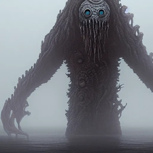 Prompt: A Lovecraftian scary giant creature in a foggy landscape from Studio Ghibli and HP Lovecraft, extreme long shot, full body, 4k, highly detailed. award winning sci-fi, concept art, smooth, sharp focus, illustration, ultra wide lens, artstation