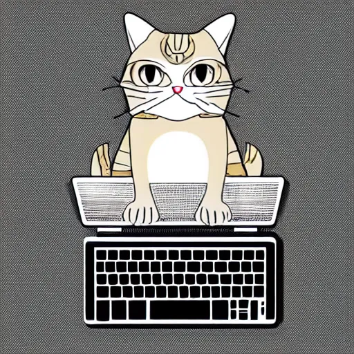 Image similar to vector illustration of a grumpy looking cat sitting on the keyboard of a laptop looking at me, digital art, cute, illustration, vector