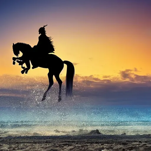 Image similar to ninja riding a horse toward sunset