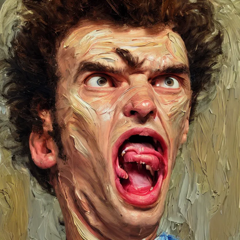 Image similar to warmly lit close up studio portrait of young angry!! screaming! teenage Cosmo Kramer furious!, impasto oil painting thick brushstrokes by Lucian Freud and Cy Twombly and Tim Hawkinson , trending on artstation dramatic lighting Expressionism