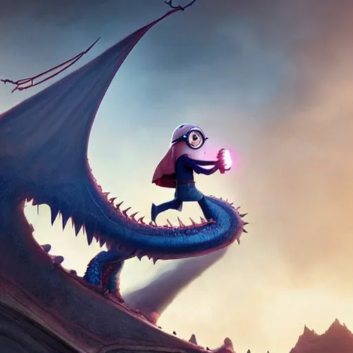 Prompt: a minion from despicable me riding a dragon, dramatic lighting, cinematic, establishing shot, extremely high detail, photo realistic, cinematic lighting, post processed, concept art, artstation, matte painting, style by eddie mendoza, raphael lacoste, alex ross