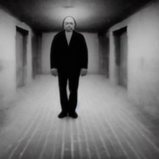 Prompt: a expired flash photo of creepy man with an unnatural posture standing in a vantablack russian basement from the horror movie rec, out of focus, uncanny valley, shaky camera, it is deformed and is staring at the camera from the end of a dark liminal hallway. caught on vhs, film grain, national geographic award winning photography,