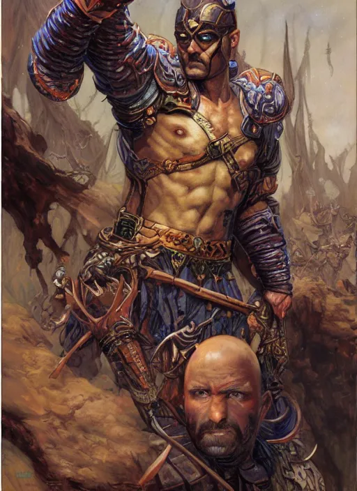 Prompt: a fantasy comic book style portrait painting of a bald male warrior, art by donato giancola and bayard wu and gustav moreau and wayne barlowe