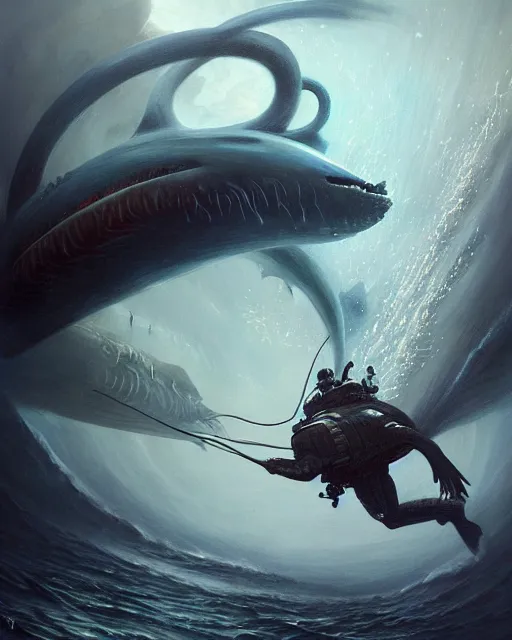 Prompt: a dream fantasy painting of a sub attacked by a giant squid, by beksinki, giger, greg rutkowski, carne griffith trending on artstation, deviantart, photorealism