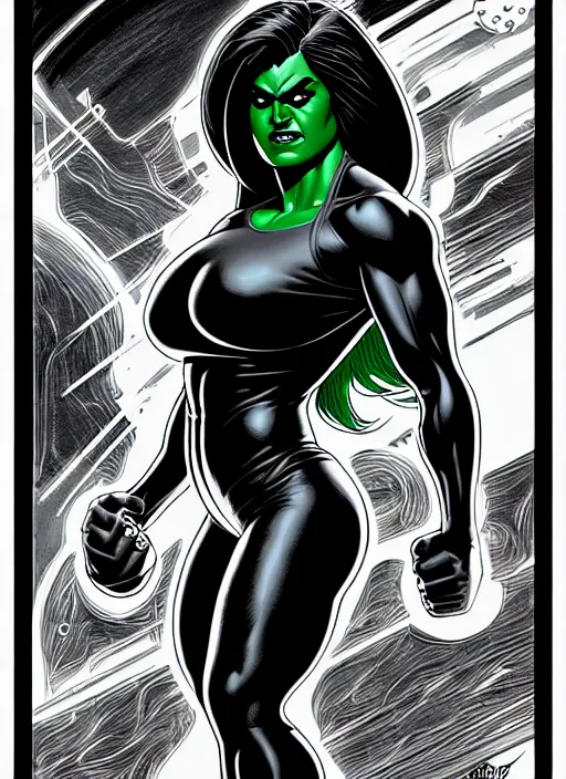 Prompt: she - hulk, extremely detailed, bold line art, by vincent di fate and joe fenton and artgerm, inking, etching, screen print, masterpiece, trending on artstation, sharp, high contrast, hyper realistic, hd, 4 k, 8 k