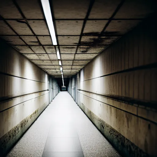 Prompt: The wide hallways in a futuristic prison underground, brutalist liminal architecture, sigma 85mm f/1.4, 4k, depth of field, high resolution, 4k, 8k, hd, full color