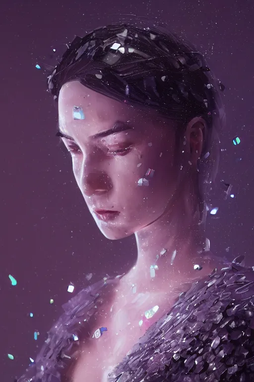 Image similar to A fancy portrait of a women coated in crystal by Greg Rutkowski, beeple, Sung Choi, Mitchell Mohrhauser, Maciej Kuciara, Johnson Ting, Maxim Verehin, Peter Konig, final fantasy, macro lens, 35mm, 8k photorealistic, cinematic lighting, HD, high details, dramatic, dark atmosphere, trending on artstation