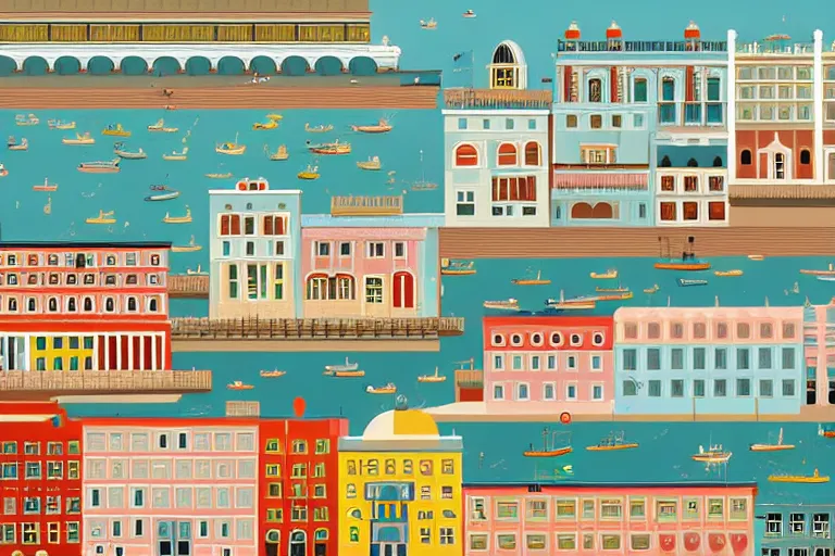 Prompt: highly detailed vector art of a cityscape of a town next to the sea by Wes Anderson, hyperrealistic, photorealistic, artstyle, highly detailed, sharp