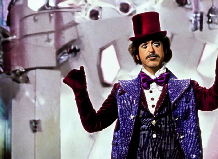 Image similar to film still of Robert Downey Jr as Willy Wonka in Willy Wonka and the Chocolate Factory 1971