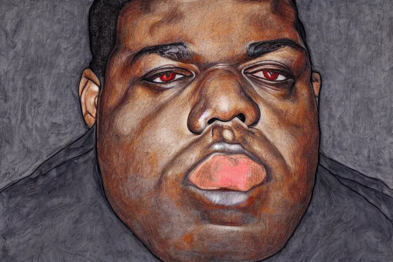 Image similar to a mug shot style portrait of biggie smalls by egon schiele, masterpiece, hyperdetailed, complex, intricate, 4 k, trending on artstation