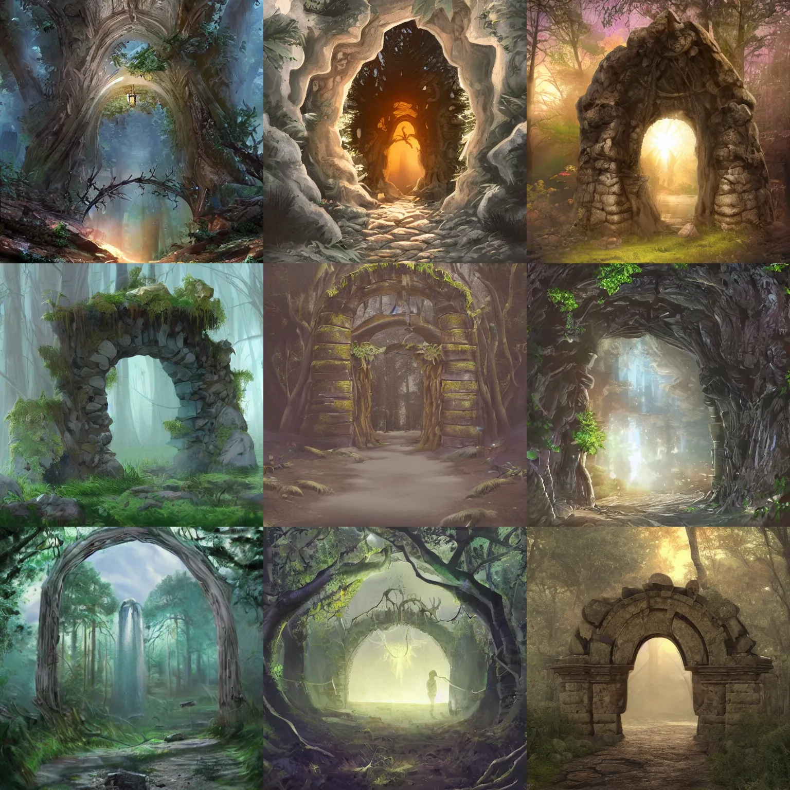 Prompt: A magical portal standing in the middle of a forest leading into another world. Gloomy, forest at night. Stone archway portal, centralized. The portal leads into a sunny world. Highly detailed, trending on artstation.