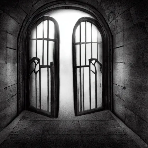 Prompt: dark old picture of a realistic gateway to hell, black and white, pictorialism