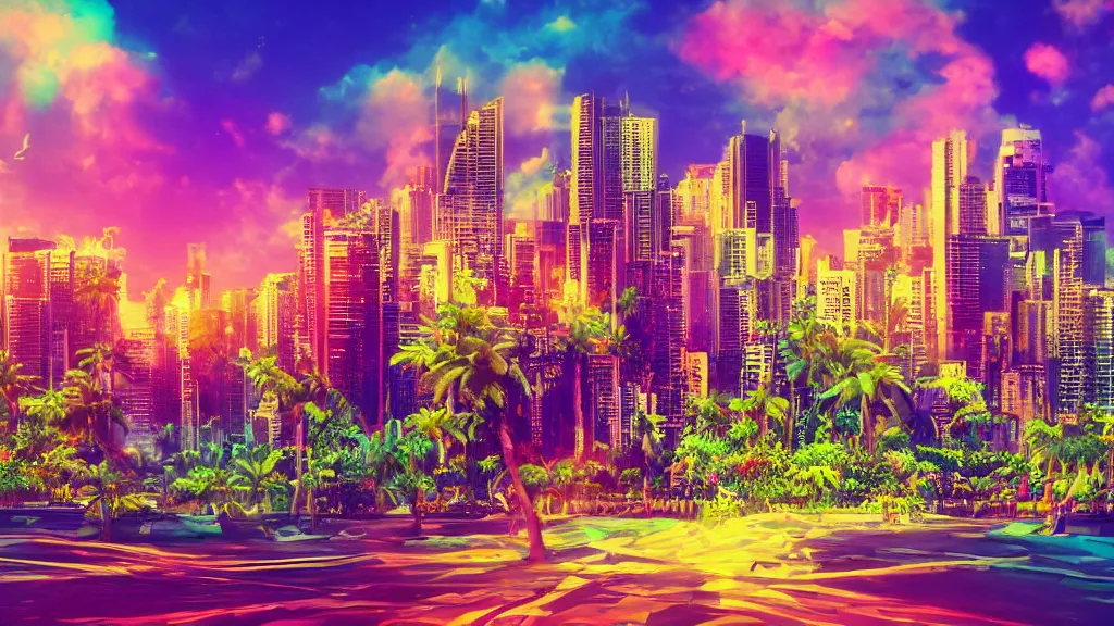 Image similar to golden city in a vaporwave jungle, 4k, ultra realistic, colorful, award winning photograph