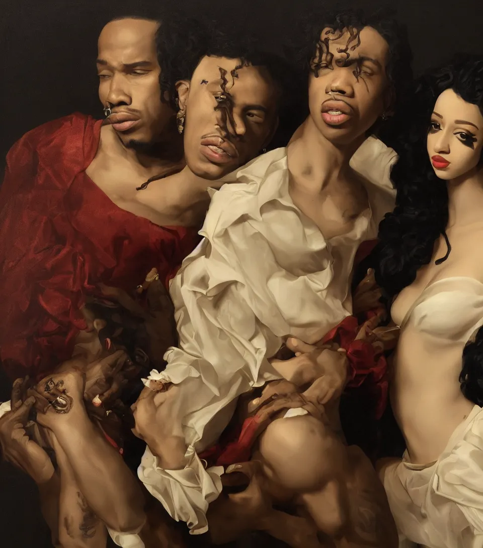 Image similar to portrait of cardi b and offset in the style of roberto ferri