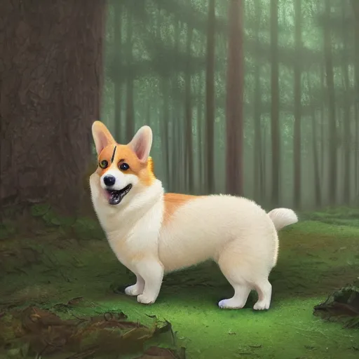 Prompt: very large and very cute corgi puppy in a tiny forest, extremely detailed digital painting, hyperrealistic, lifelike, intricate, greg rutkowski, artgerm, simon stalenhag, trending on artstation, 8 k