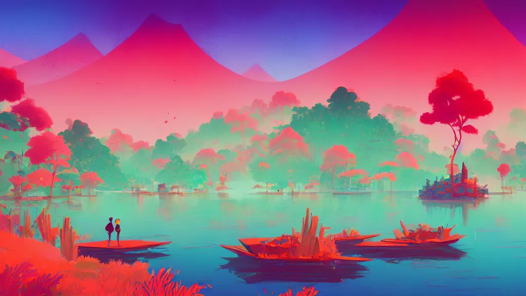 Image similar to japanese village, fruit market, trees, and lake, by anton fadeev