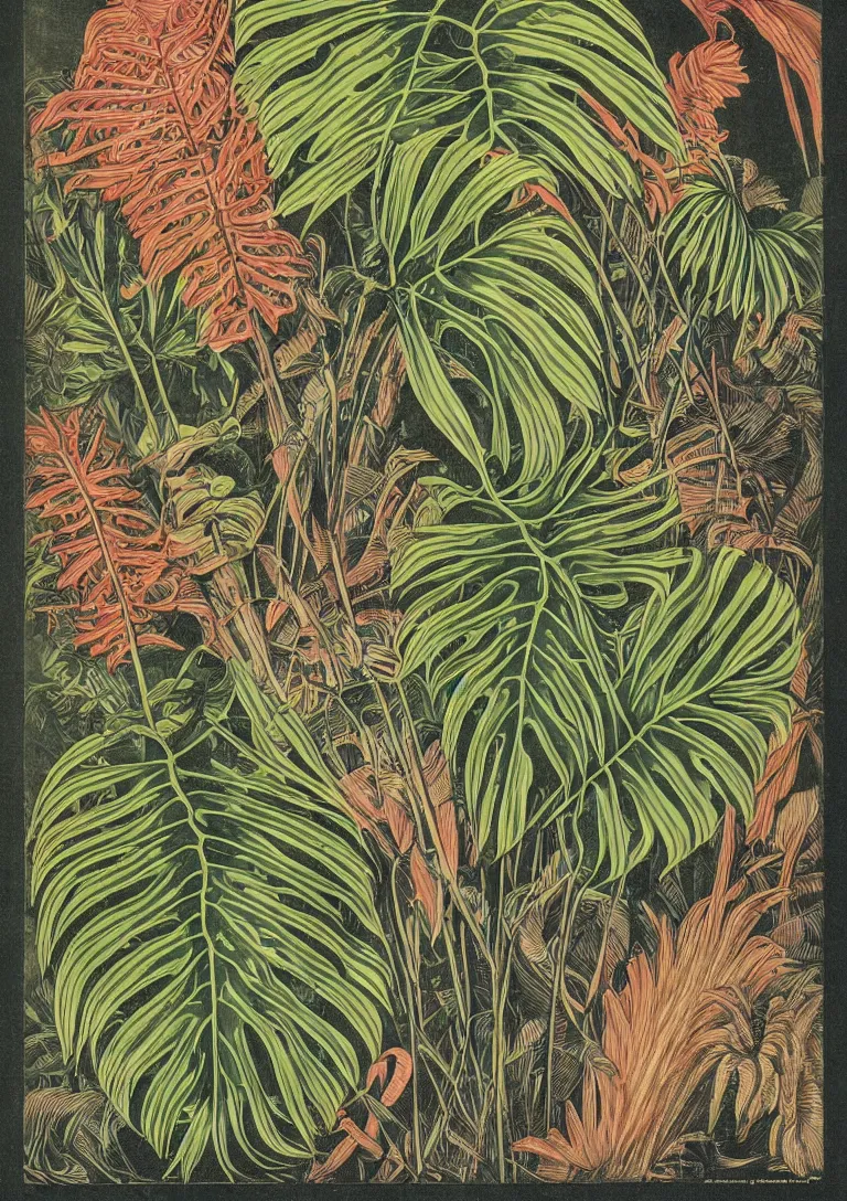 Image similar to elaborate colourful natural monstera deliciosa and zebrina alocasia illustrations by ernst haeckel of the biological world