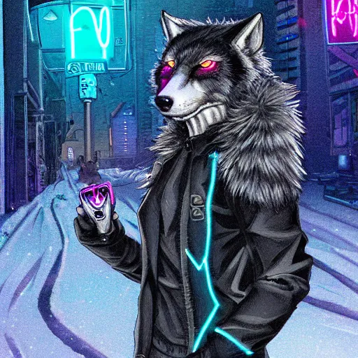 Image similar to beautiful furry art portrait commission of an androgynous furry anthro wolf fursona wearing punk clothes in the streets of a cyberpunk city at night in the snow. neon signs. character design by rick griffin, miles df, smileeeeeee, charlie bowater, ross tran, detailed, inked, western comic book art