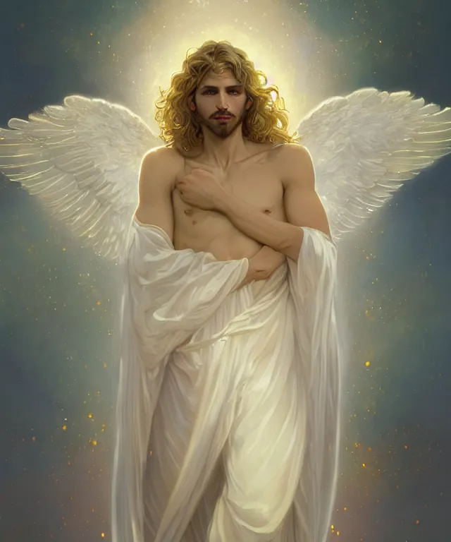 Image similar to fullbody portrait of a beautiful young fit male angel with curly blond hairs, full dressed in long fluent clothes, majestic big dove wings, luminous halo, by greg rutkowski and alphonse mucha, gradient white to gold, in front of an iridescent background, highly detailed portrait, digital painting, artstation, concept art, smooth, sharp focus illustration