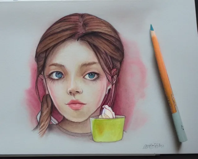 Image similar to a girl with the ice cream watercolor colored pencil painting trending on artstation