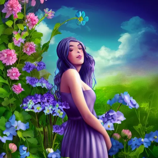 Image similar to a picture of a dreaming woman with flowers grow out of hair, roses peonies forget-me-nots dahlias lupins gladioli, sky theme in background, Digital Art, Trending on artstation