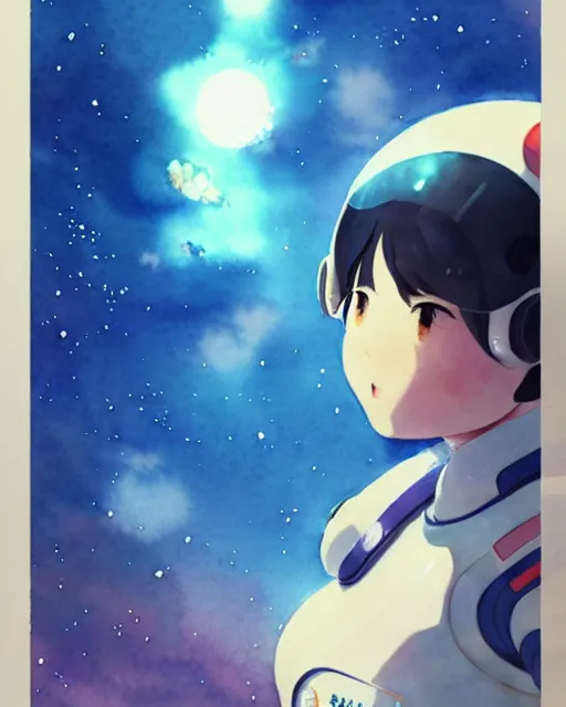 Image similar to oriental water color of a cute thicc astronaut woman, floating through space, backlit, by makoto shinkai and krenz cushart