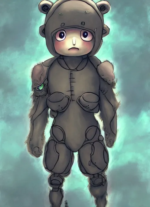 Image similar to beautiful little boy wearing an cyborg bear suit, artwork in kentaro miura and made in abyss and rosdraws, smooth, beautiful lightness, anatomically correct, trending on pixiv, forest