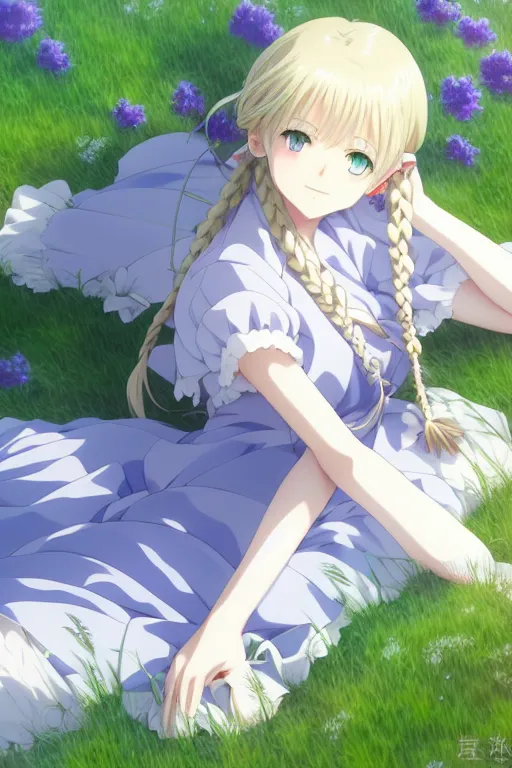 Prompt: anime art full body portrait character concept art, anime key visual of elegant young female violet evergarden, blonde straight braids and large blue eyes, finely detailed perfect face delicate features directed gaze, laying down in the grass at sunset in a valley, trending on pixiv fanbox, studio ghibli, extremely high quality artwork